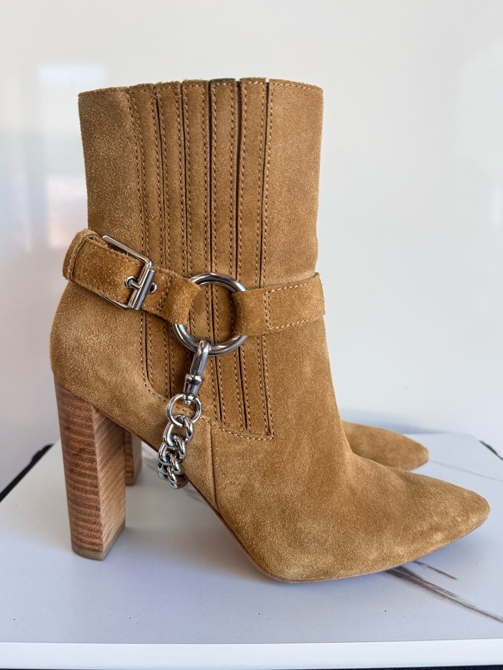 PAIGE London Caramel Suede Chain Buckle Ankle Boots Size 6.5